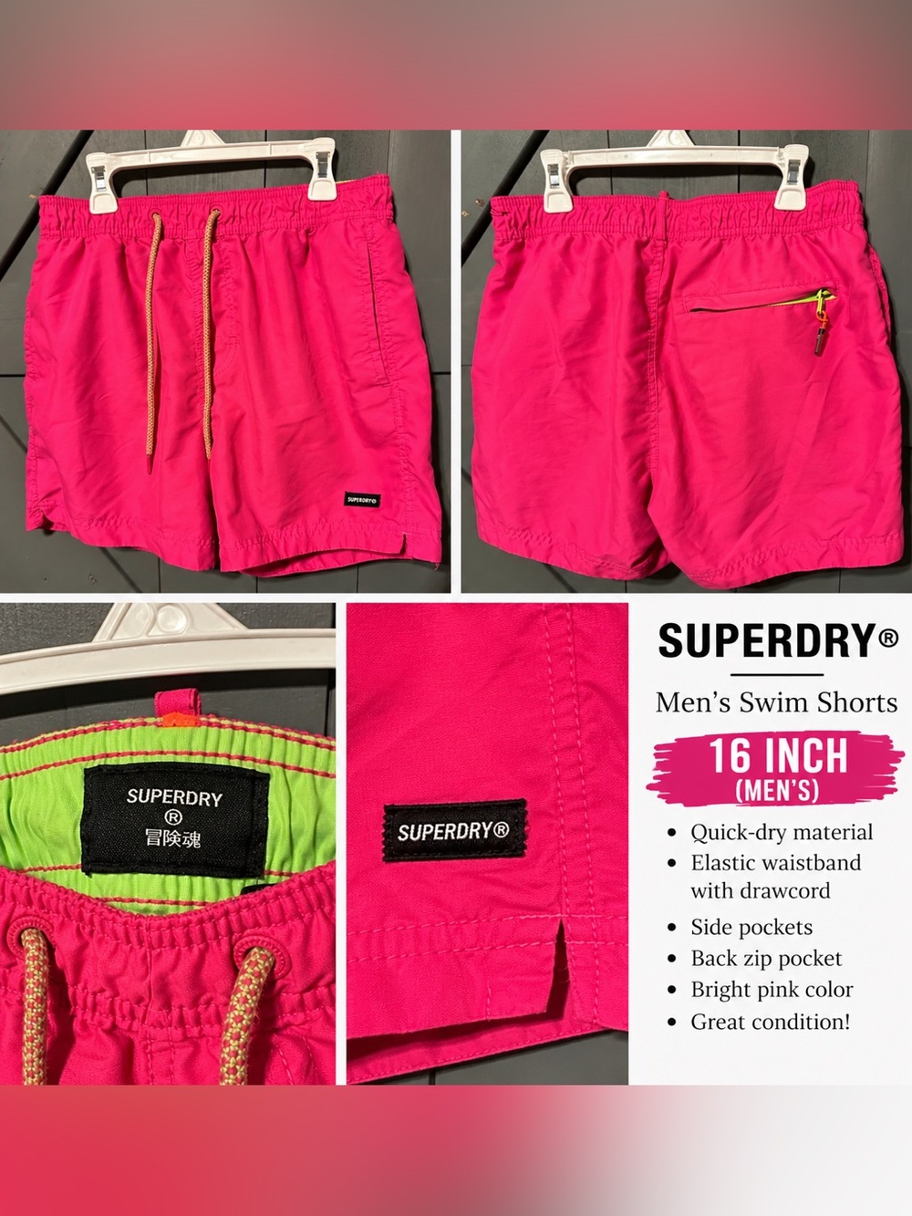 Superdry Essential 16-Inch Swim Shorts Neon Hot Pink Green